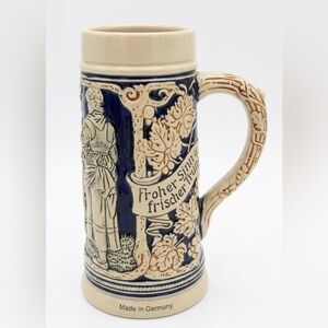 Vintage Gerz German Beer Stein Cobalt Blue & Salt Glaze Relief 7”x3.5”x2.75”